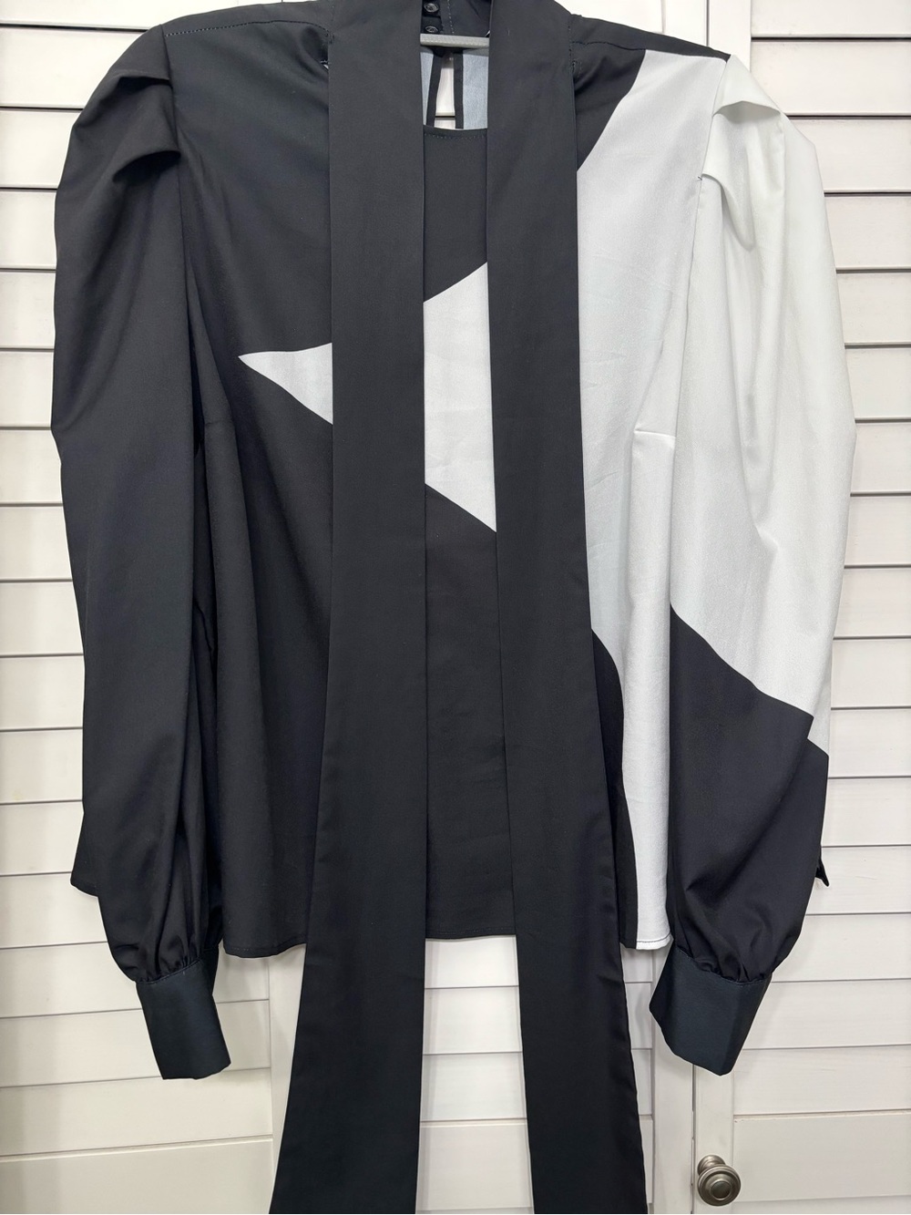 Eloquii Black and White Colorblock Blouse with Long Scarf Tie